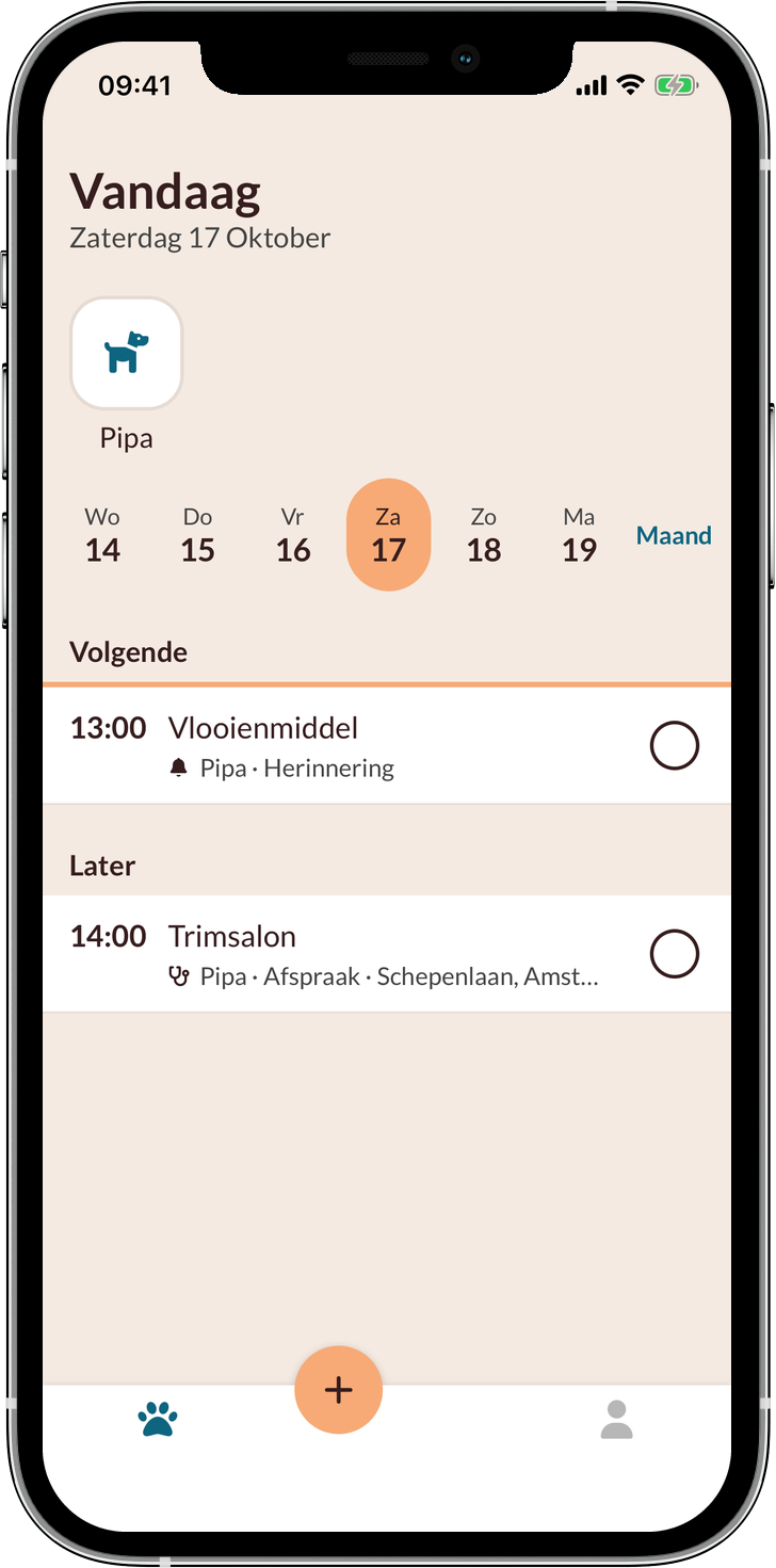De Pipita-app toont de agenda van vandaag voor de hond Pipa, met een herinnering voor vlooienmiddel om 13:00 en een trimafspraak om 14:00.
